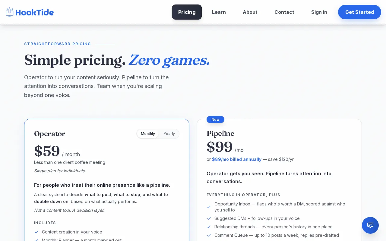 HookTide — pricing page