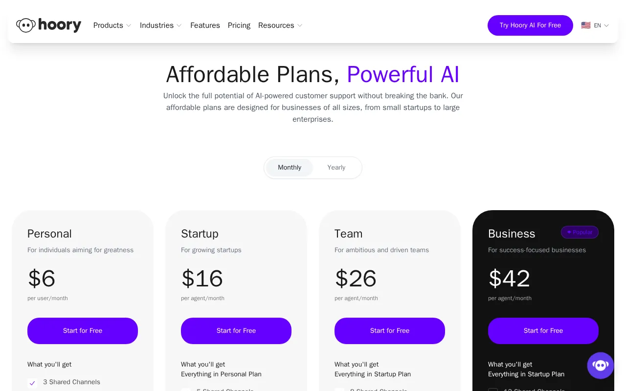Hoory AI — pricing page