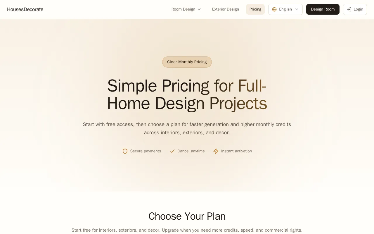 HousesDecorate — pricing page