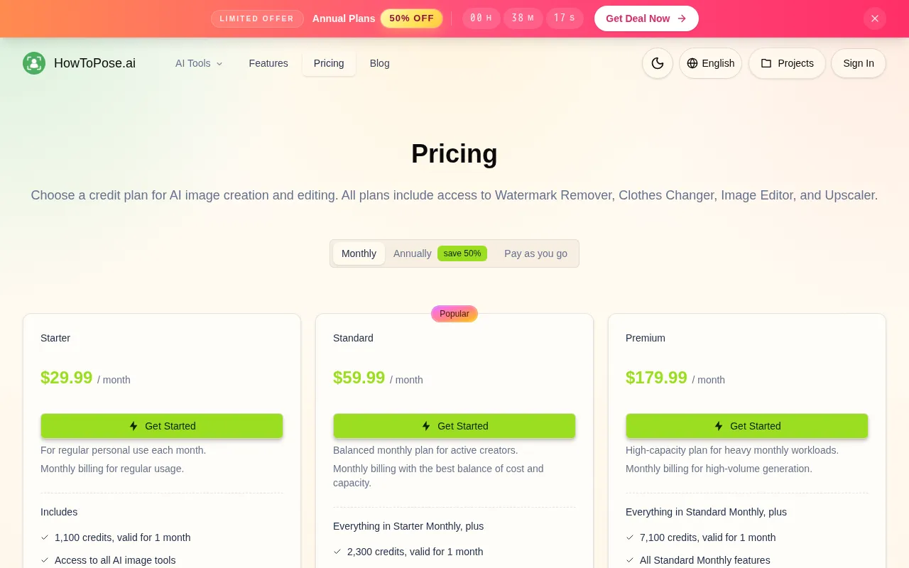 HowToPose AI — pricing page