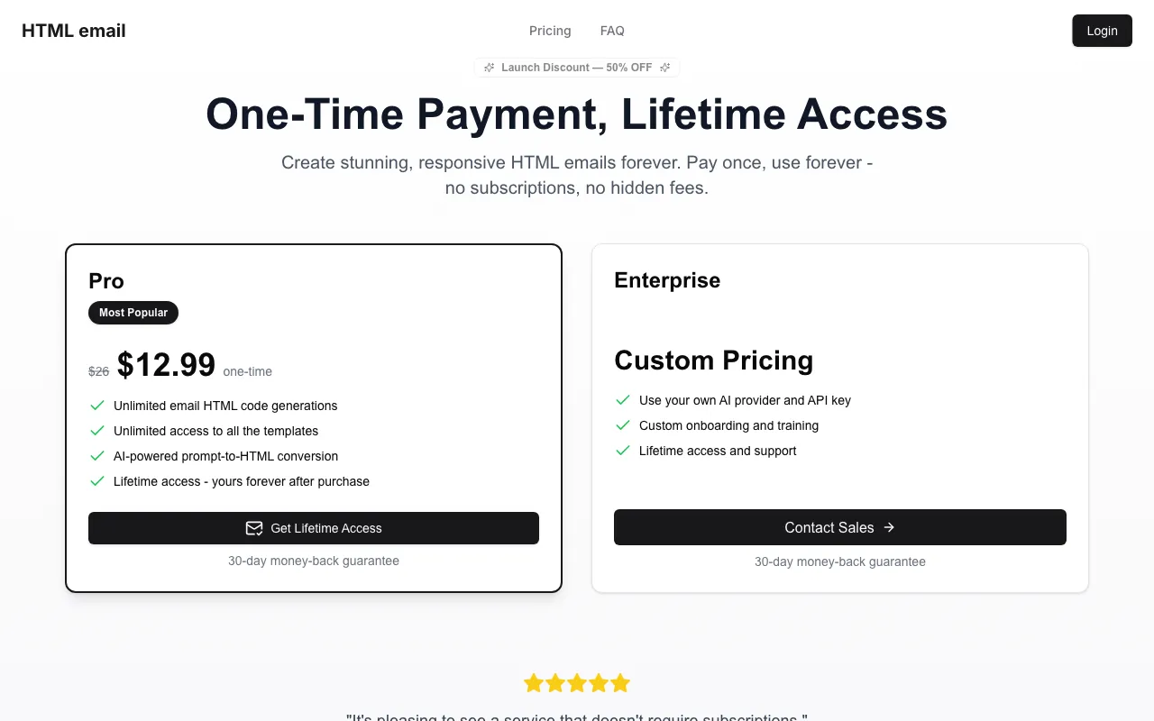 HTML Email — pricing page
