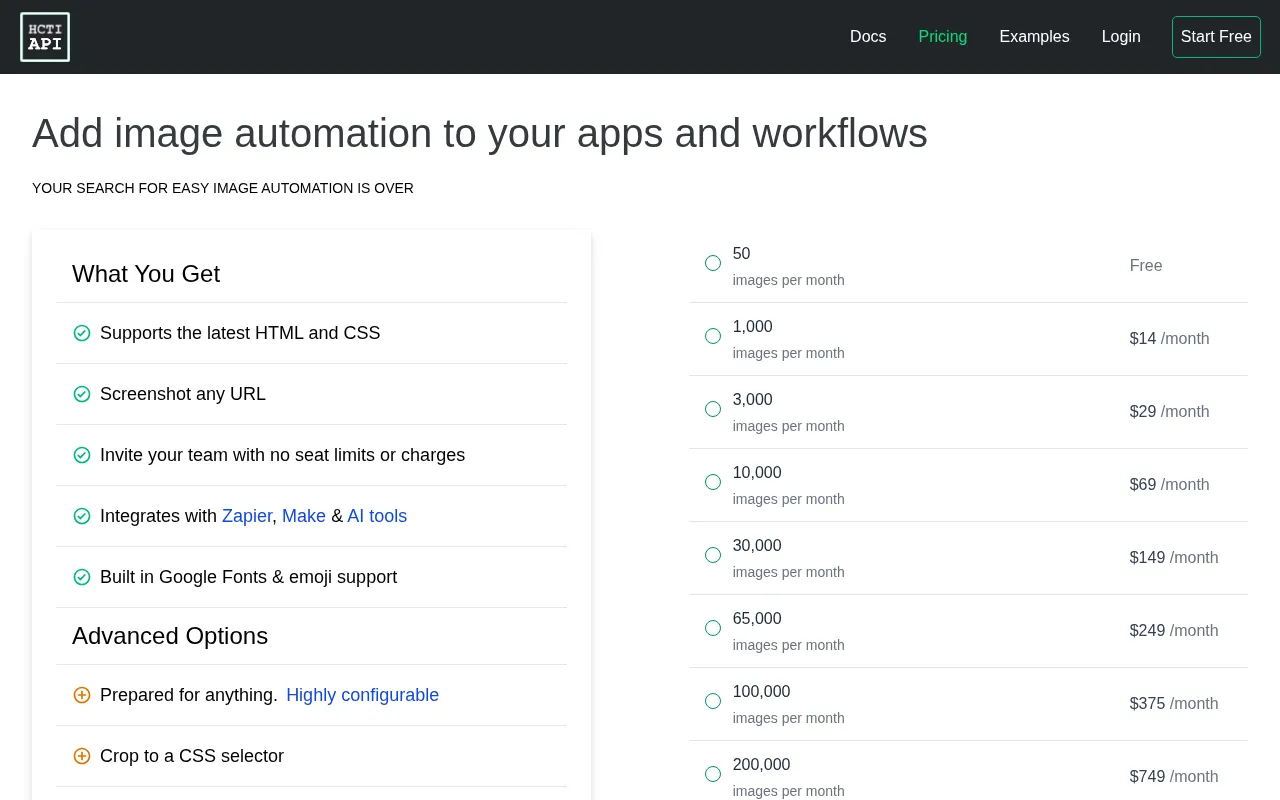 htmlcsstoimage.com — pricing page