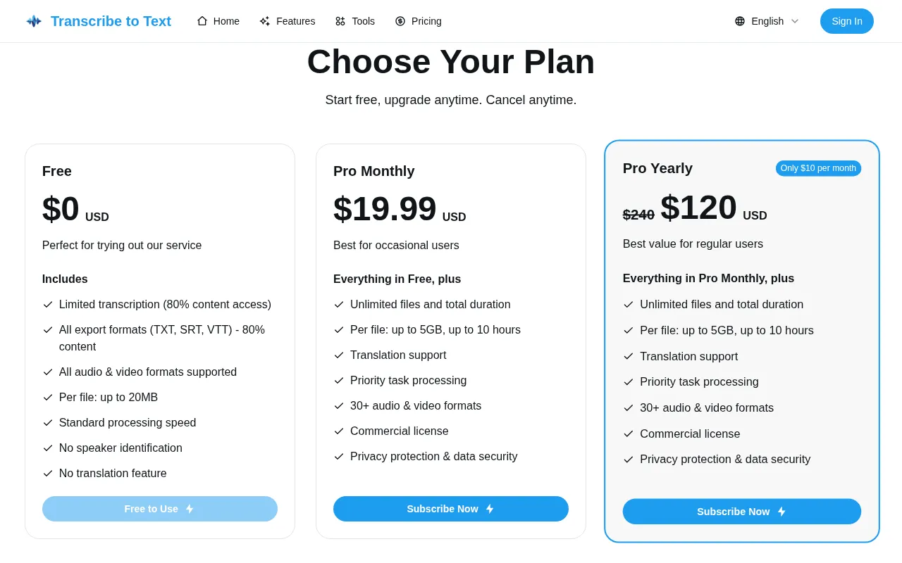 https://transcribetotext.org — pricing page