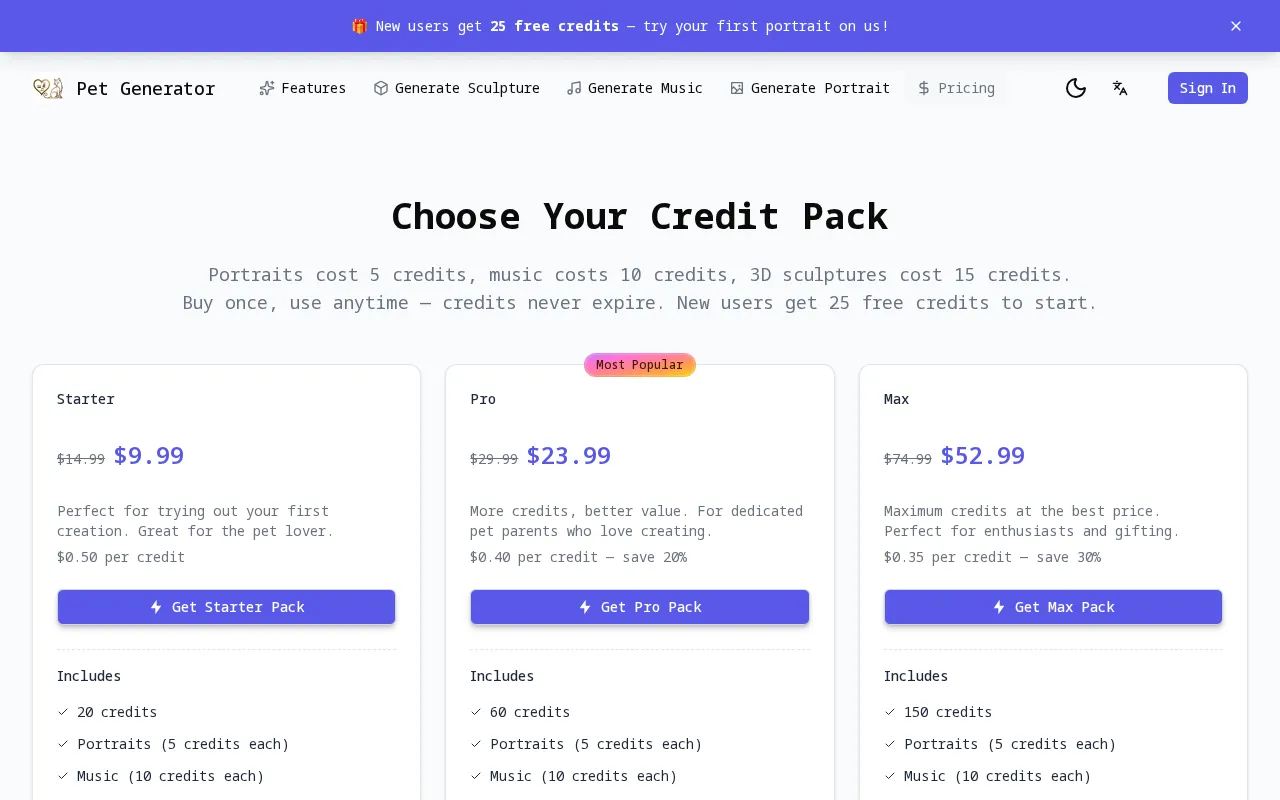 https://www.aipetgenerator.net — pricing page