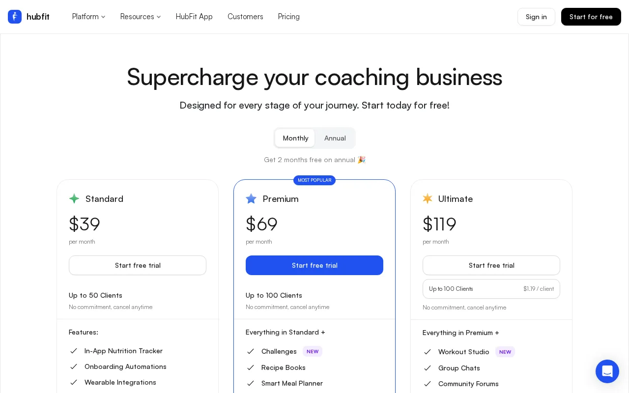 HubFit — pricing page