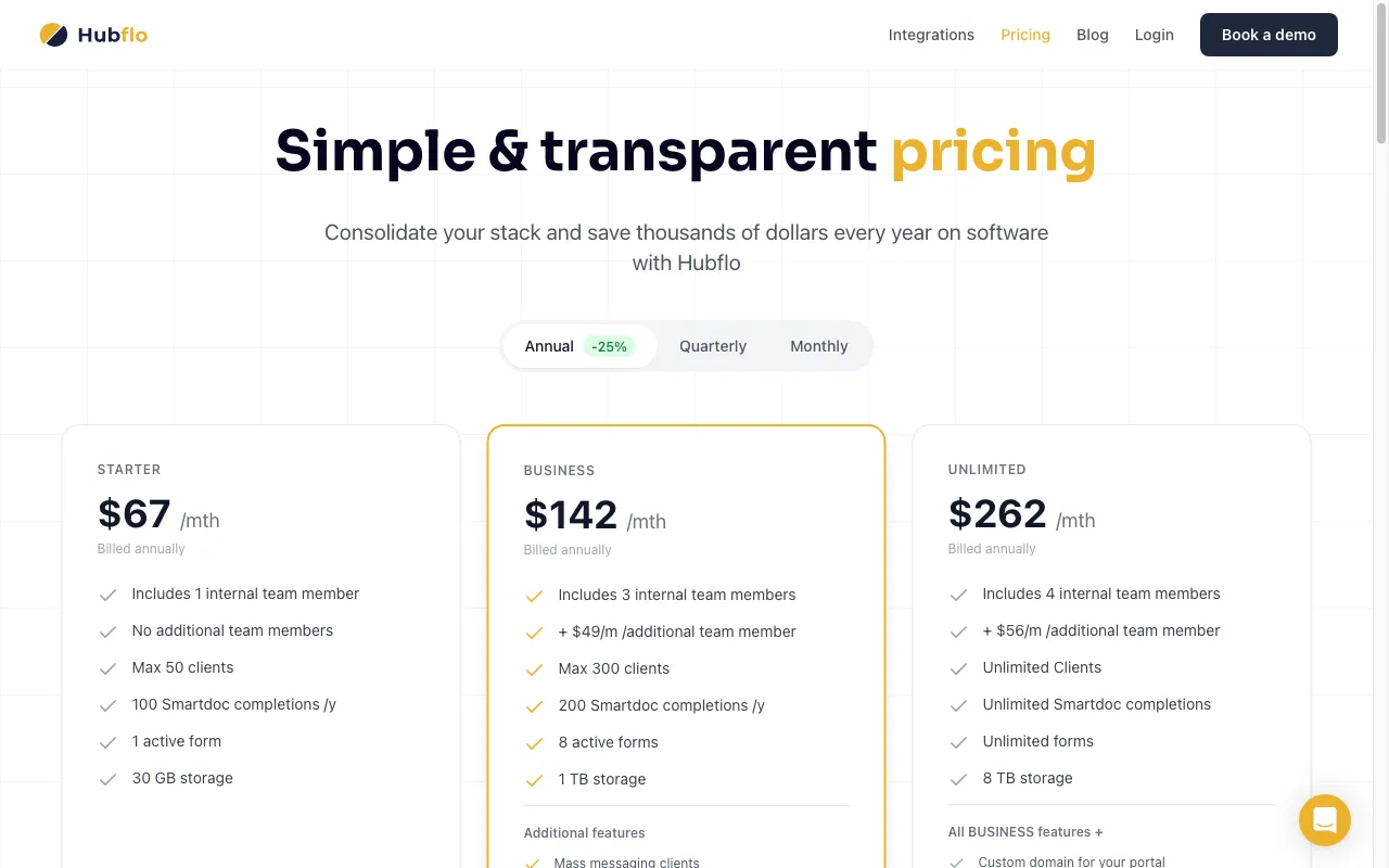Hubflo — pricing page