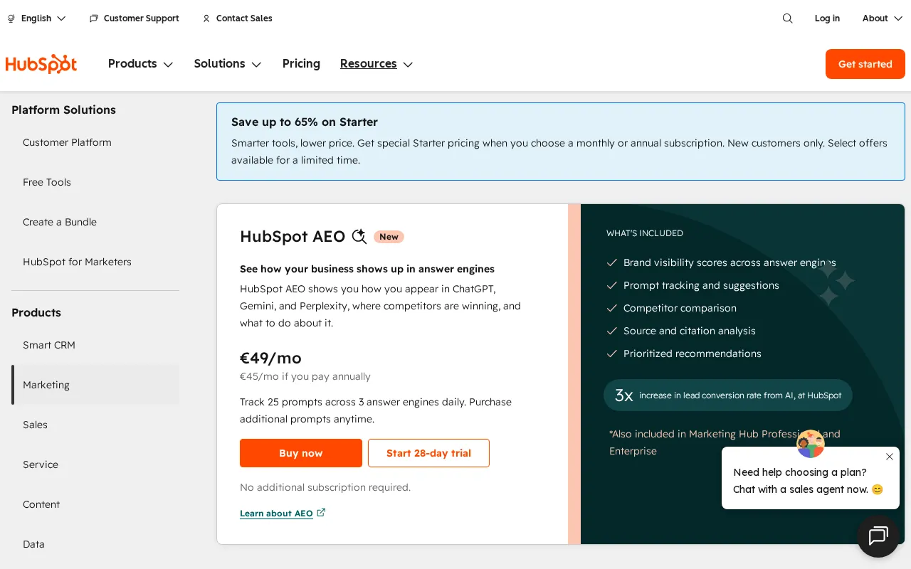 HubSpot — pricing page