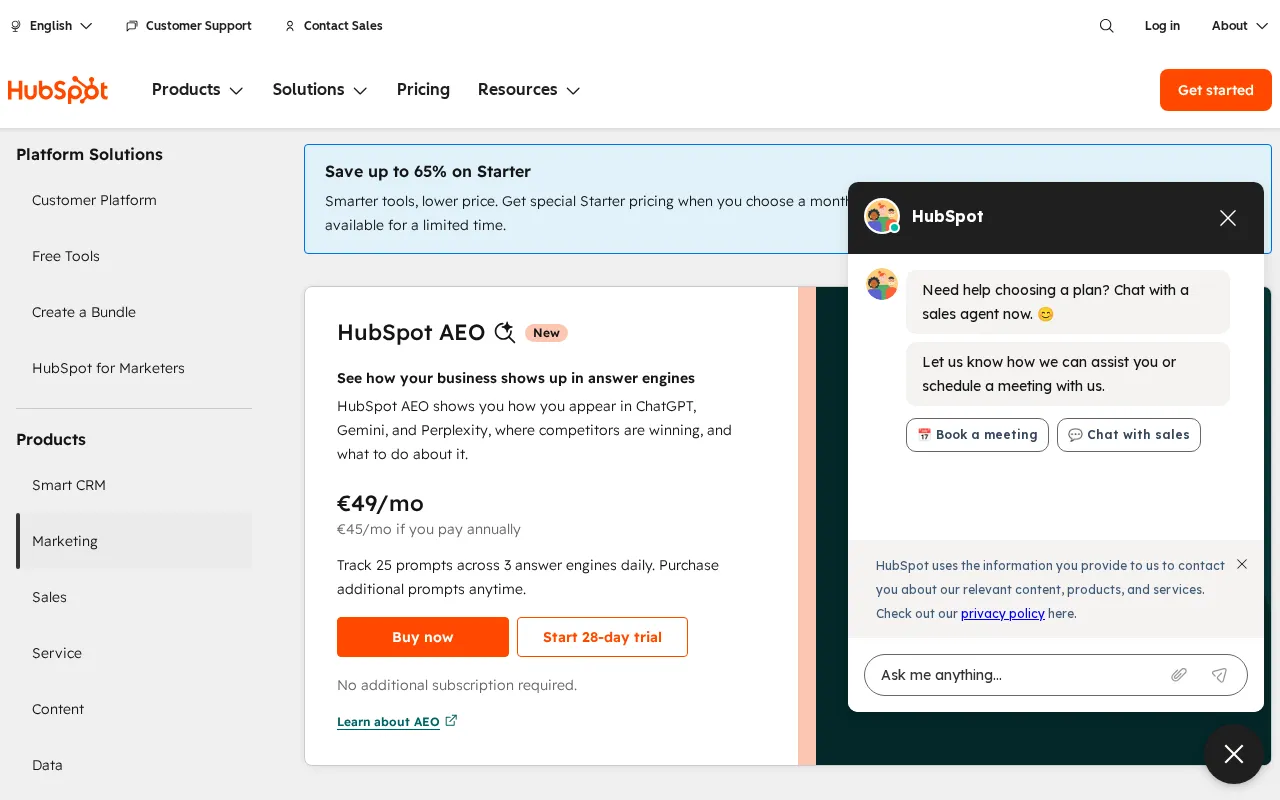 HubSpot — pricing page