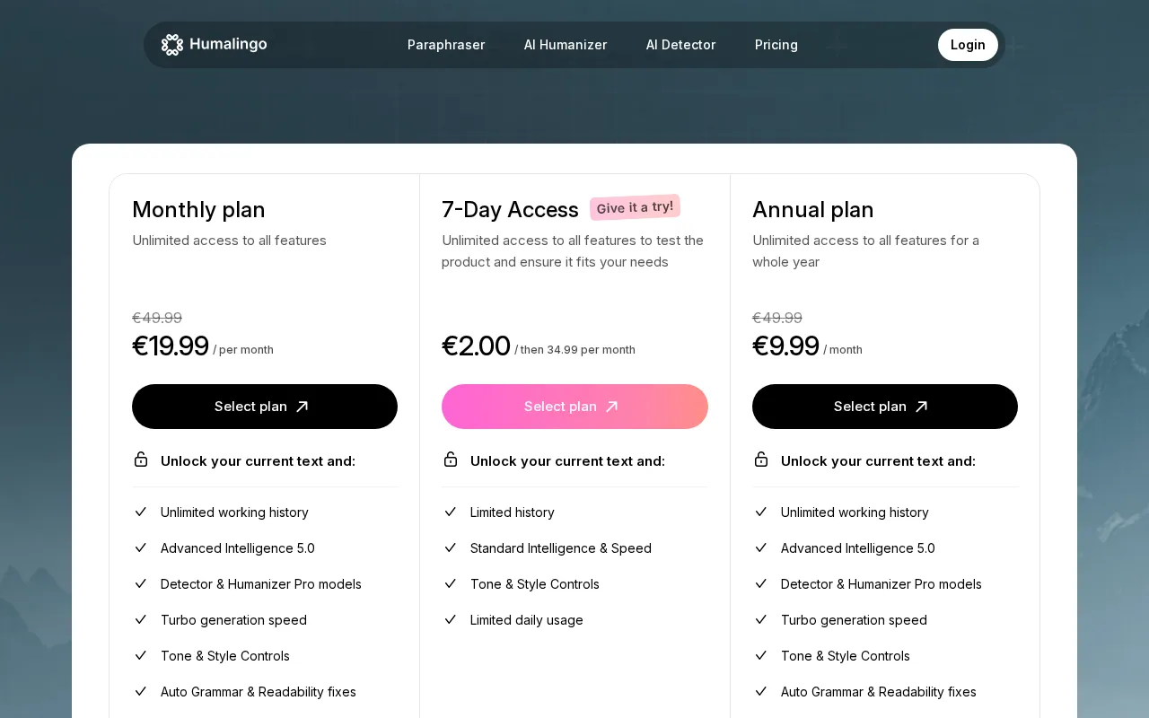 Humalingo — pricing page