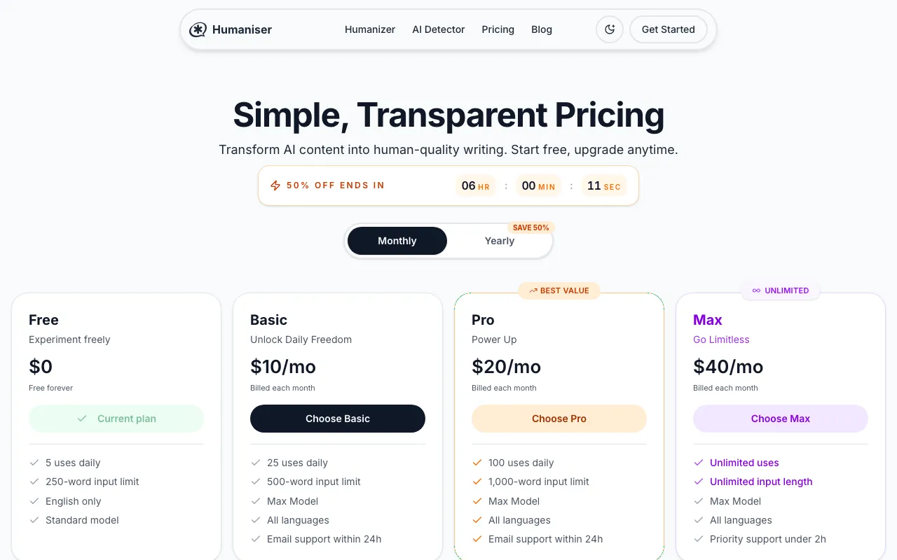 Humaniser — pricing page