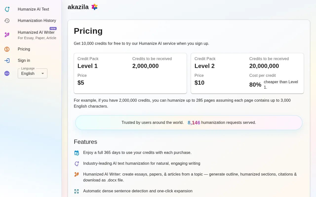 akazila — pricing page