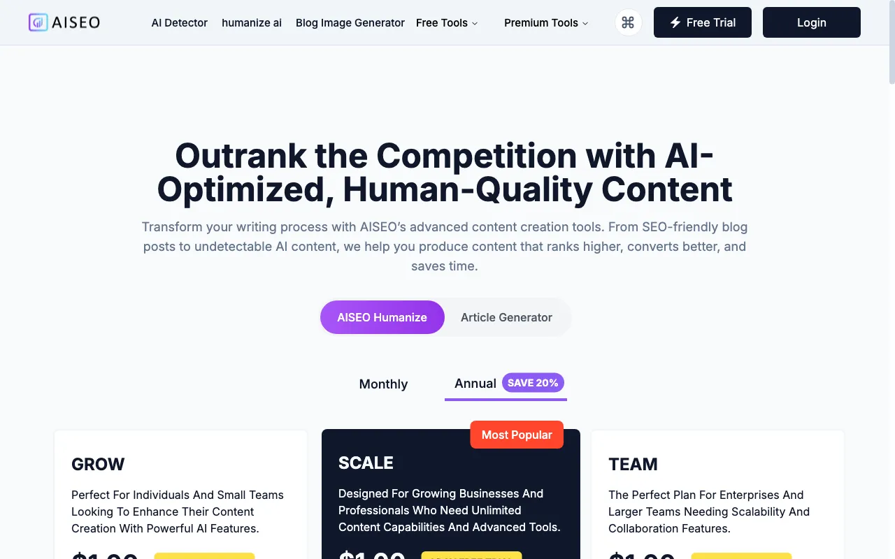 Humanize AI Text — pricing page