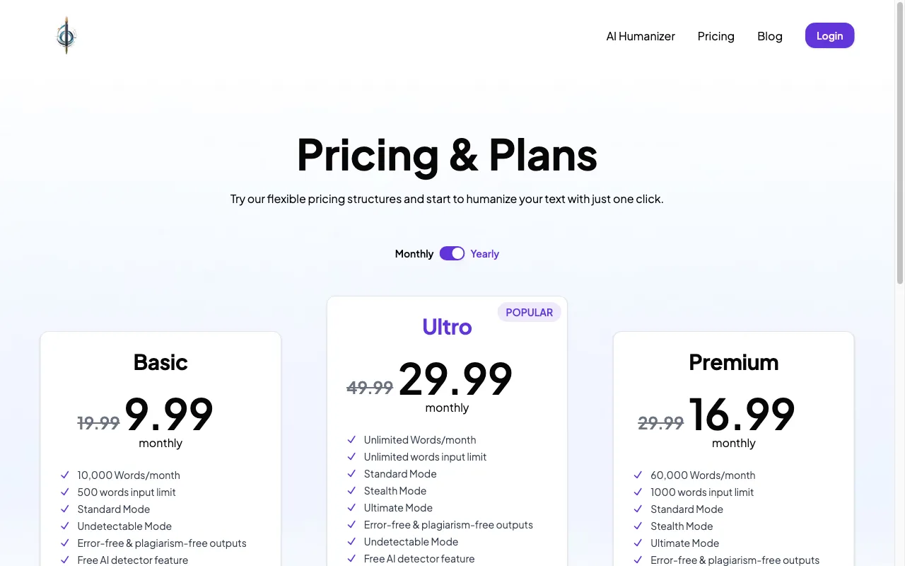 Humanize Text — pricing page