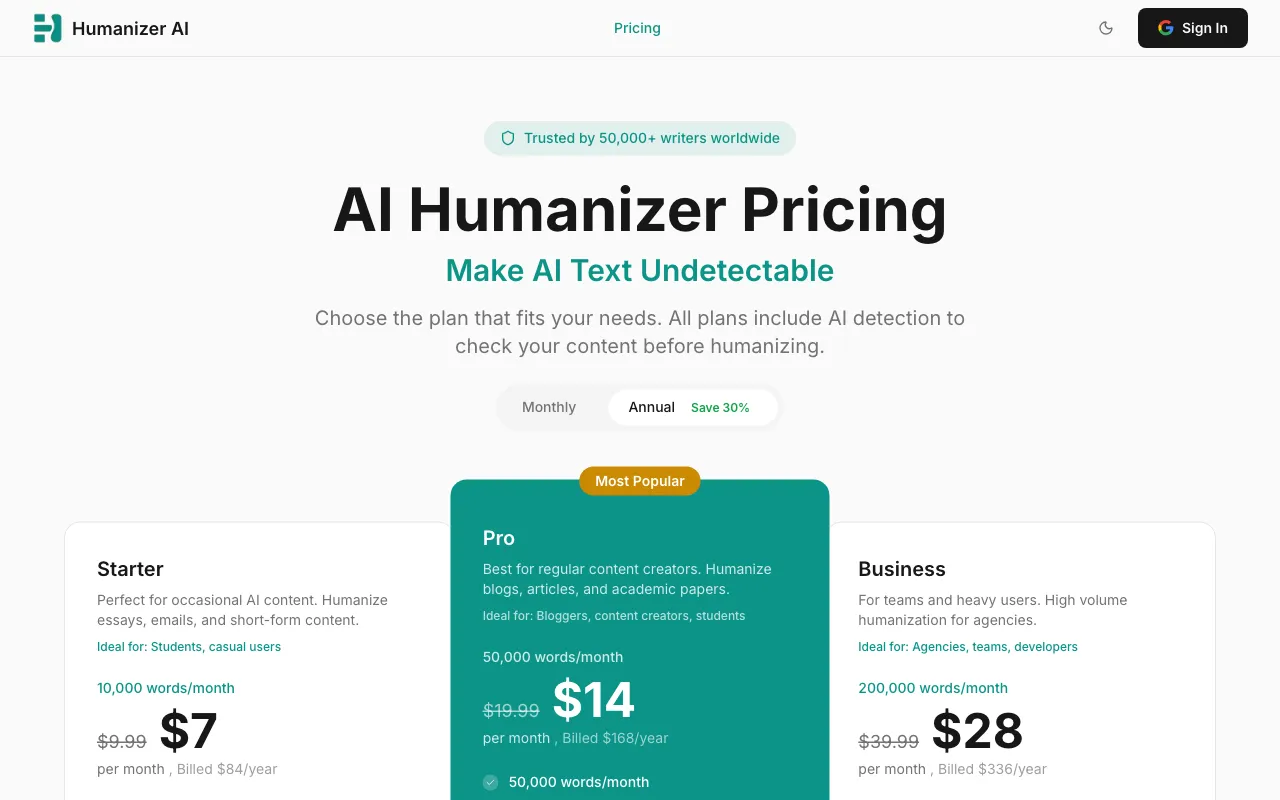 Humanizer AI — pricing page