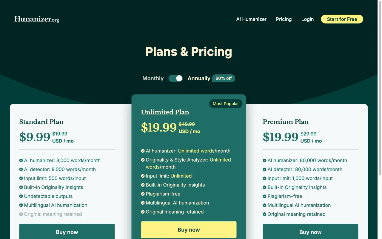 Humanizer.org — pricing page