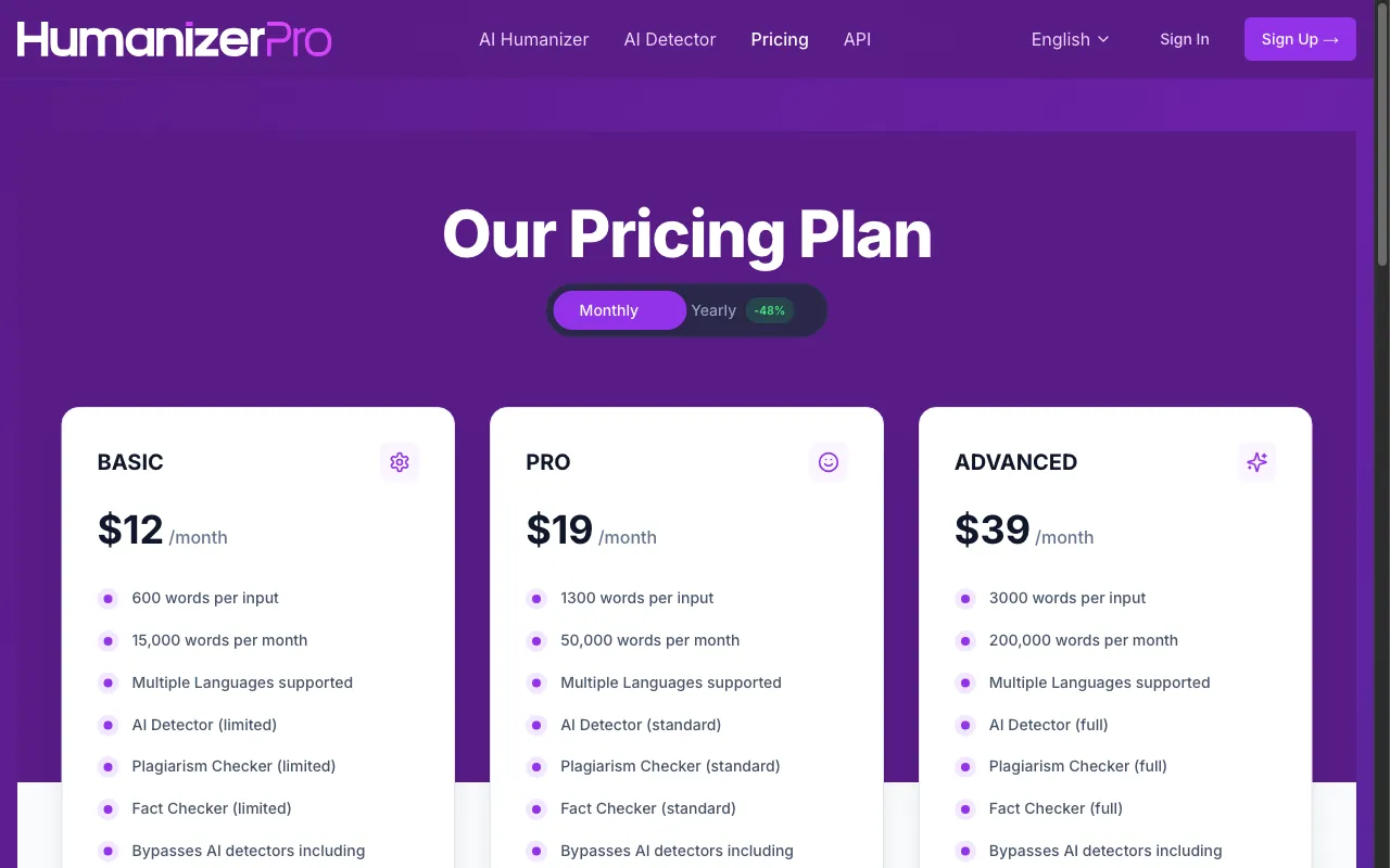 HumanizerPro AI — pricing page