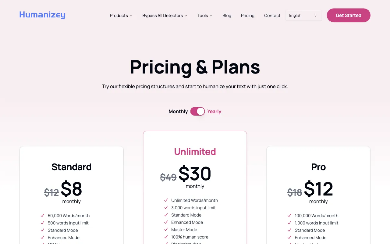 Humanizey — pricing page