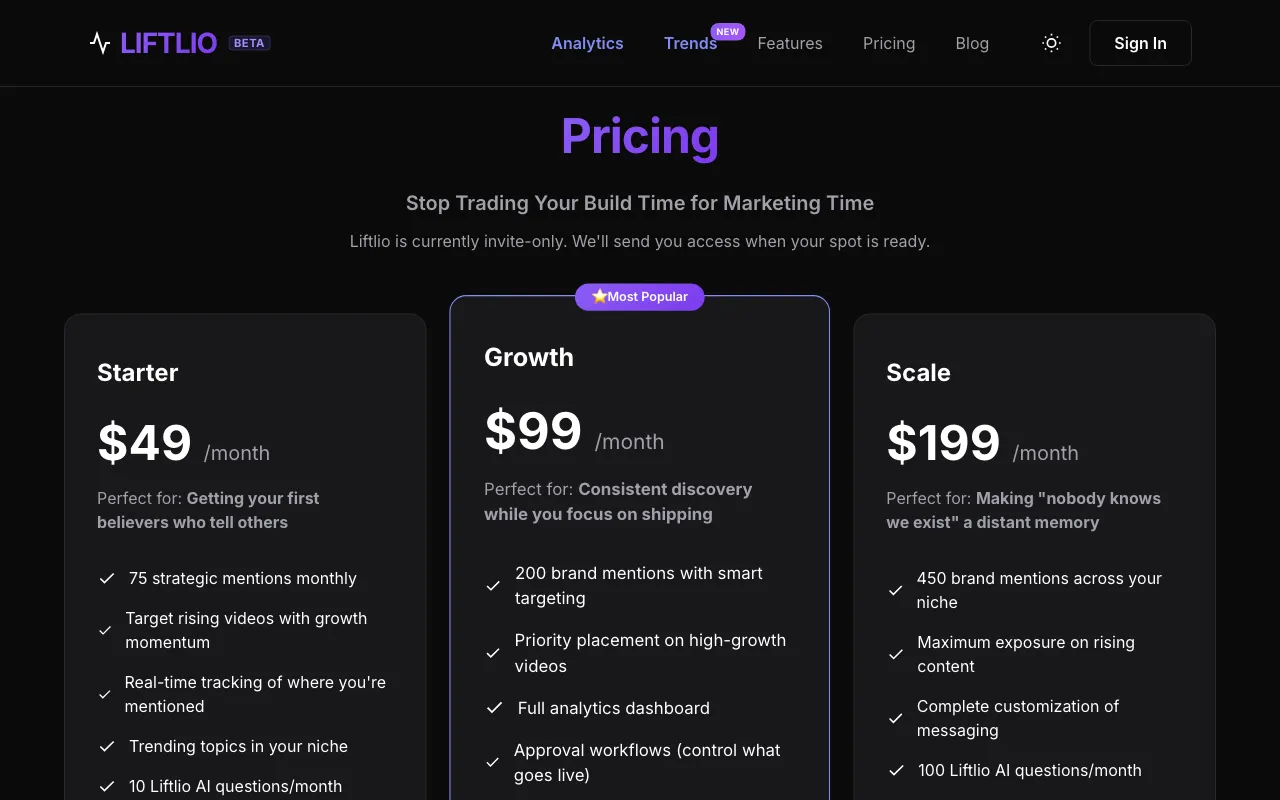 LIFTLIO — pricing page