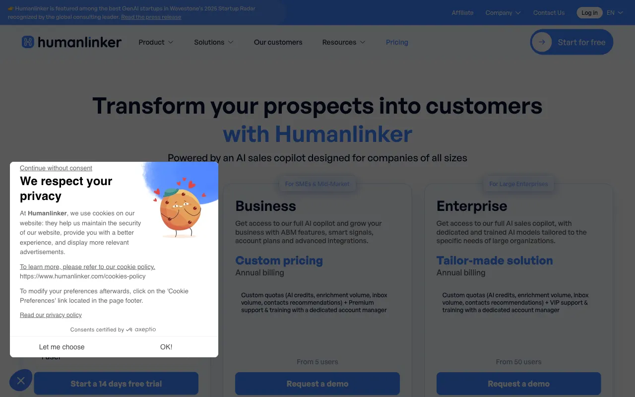 Humanlinker — pricing page