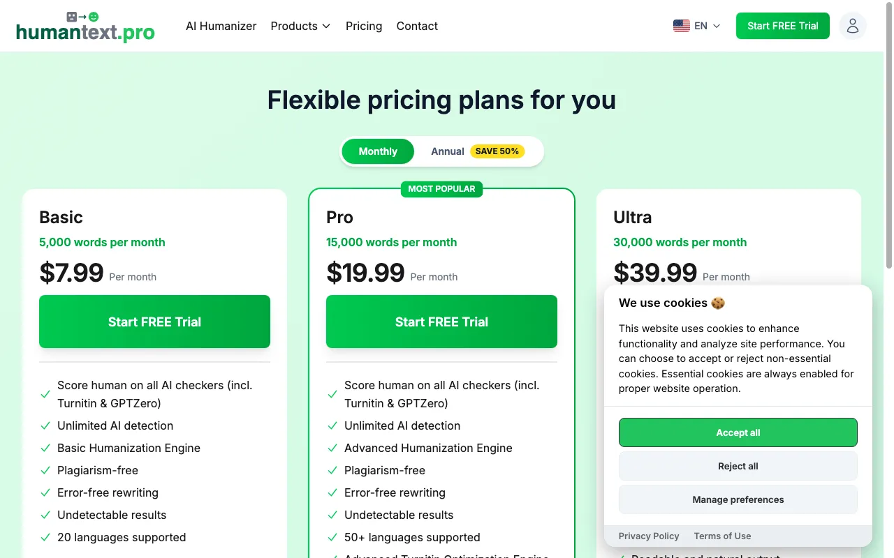 Humantext.pro — pricing page