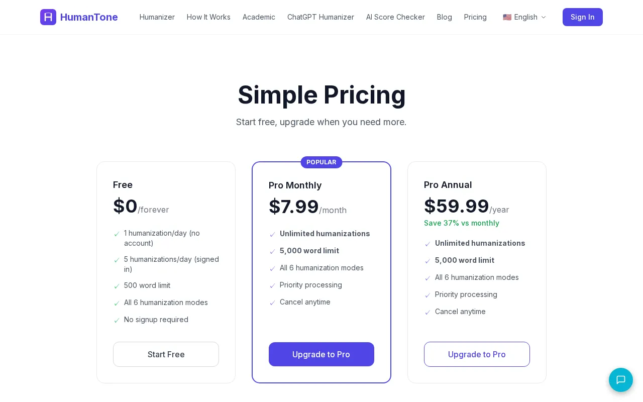 HumanTone — pricing page
