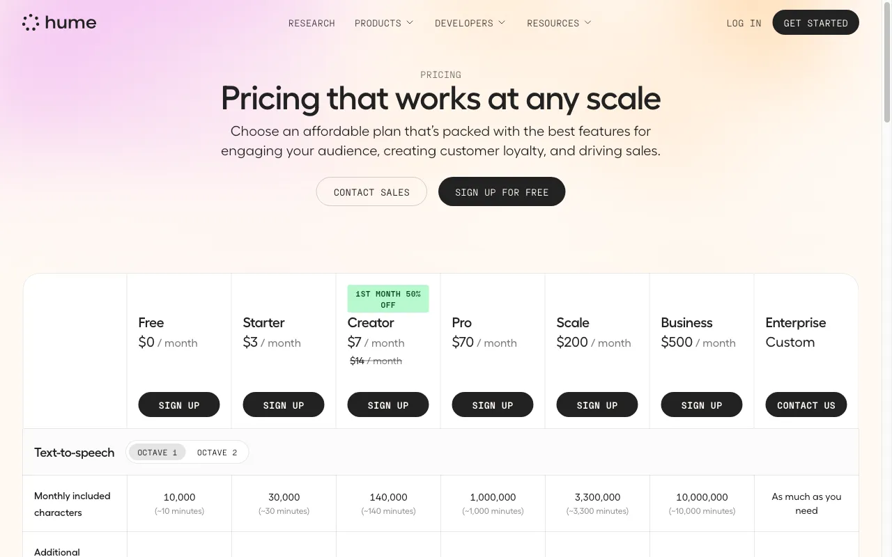 Hume AI — pricing page