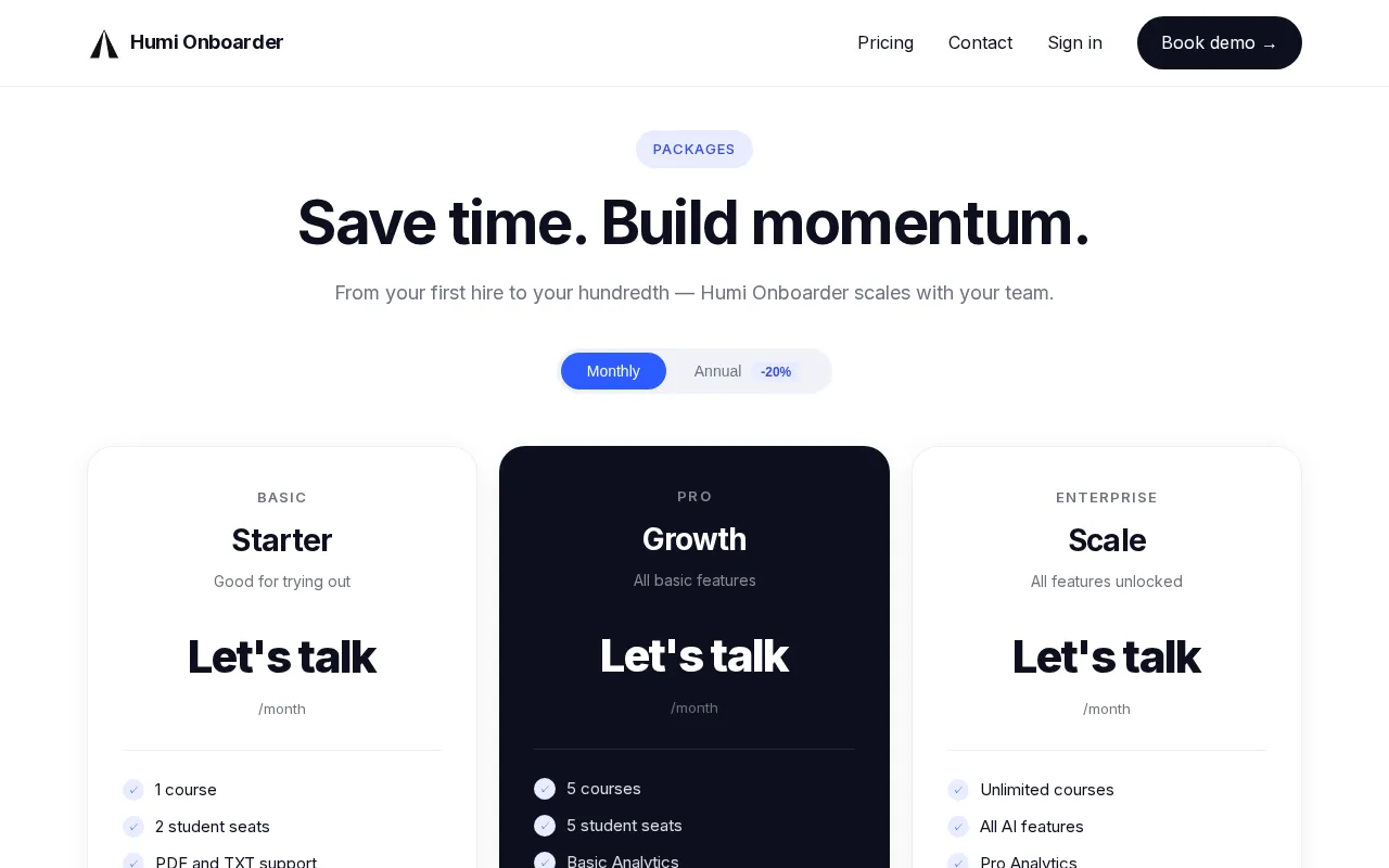 Humi Onboarder — pricing page