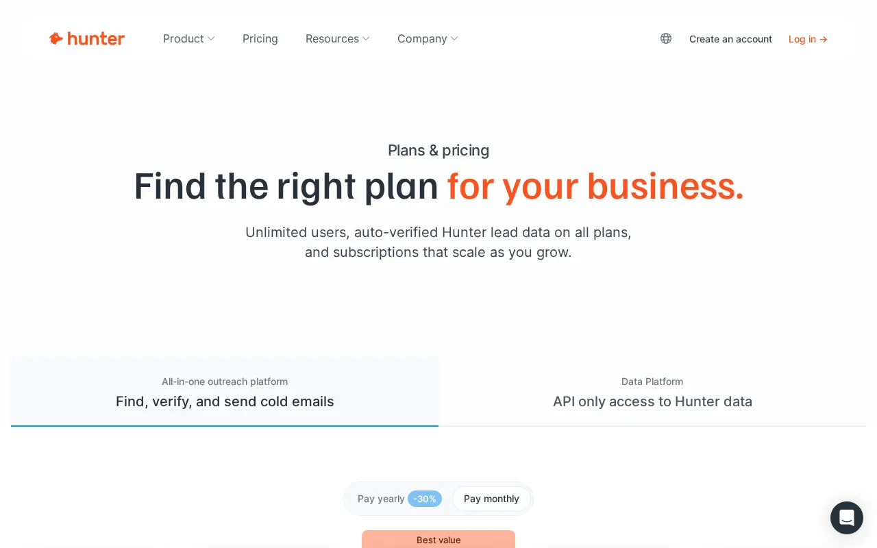 Hunter — pricing page