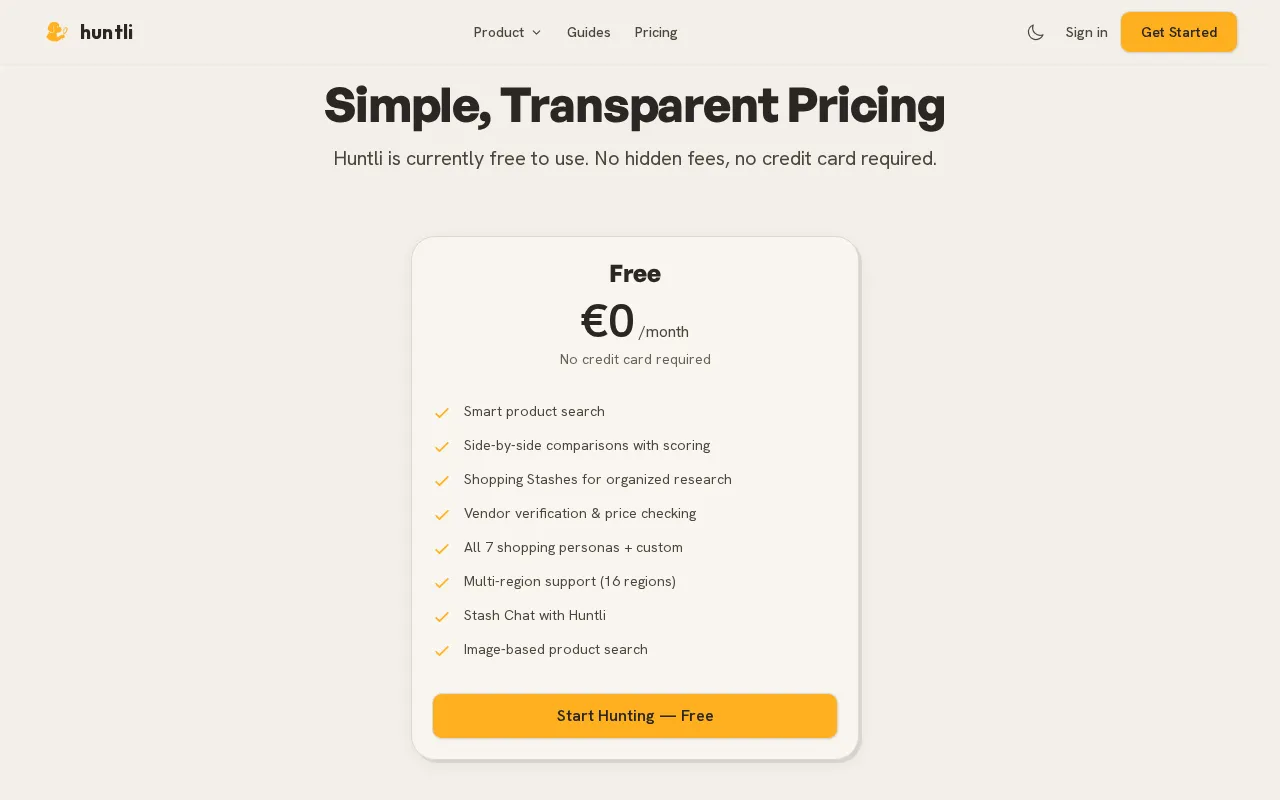 Huntli — pricing page