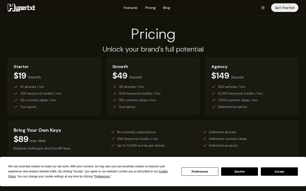Hypertxt — pricing page