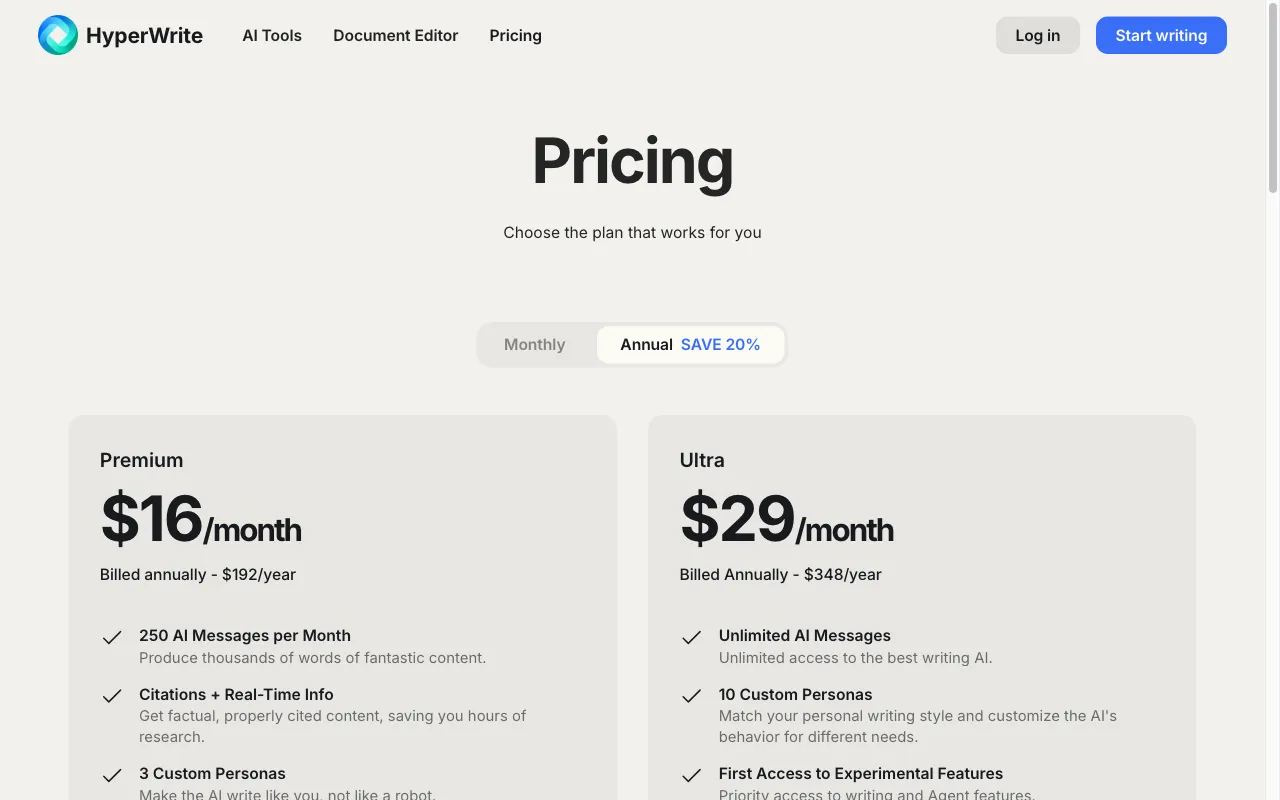 HyperWrite AI — pricing page