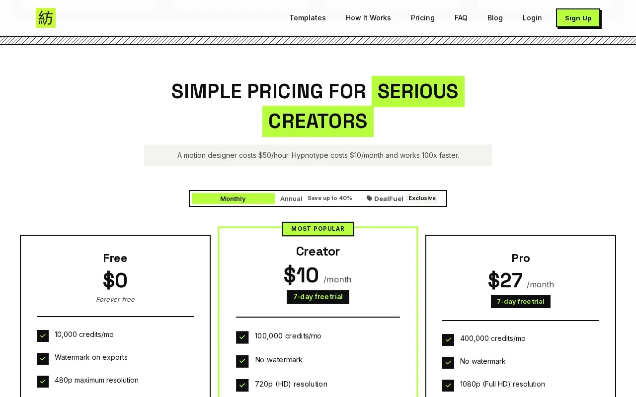 Hypnotype — pricing page