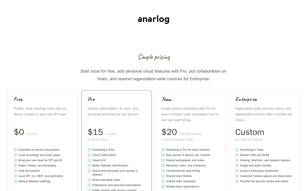 Anarlog — pricing page
