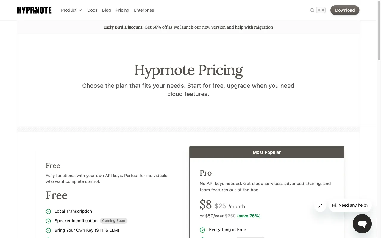 Hyprnote — pricing page