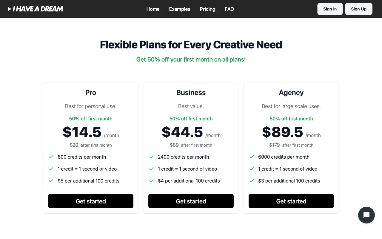 I Have a Dream — pricing page
