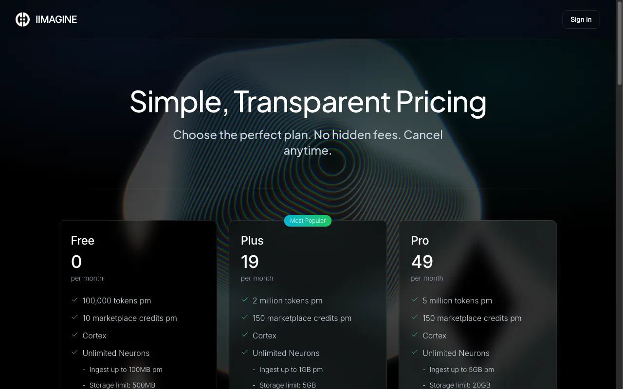IIMAGINE — pricing page