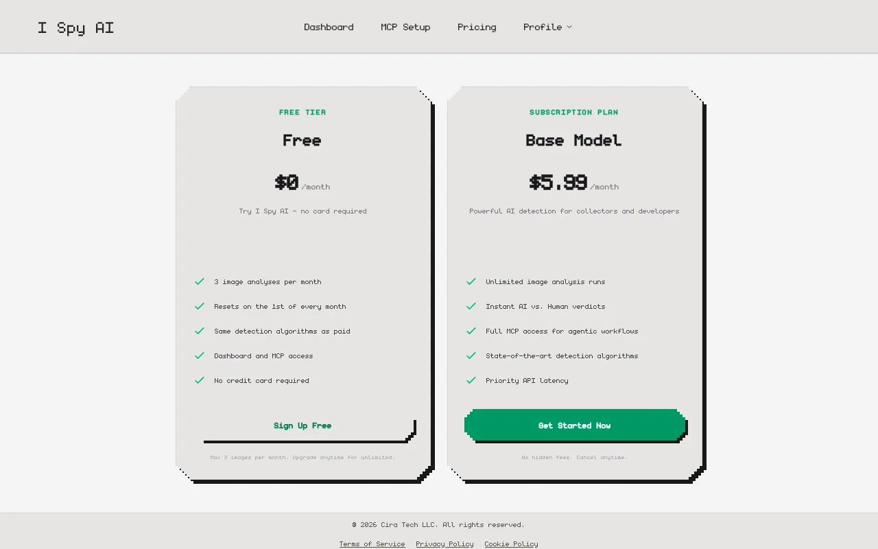 I Spy AI — pricing page