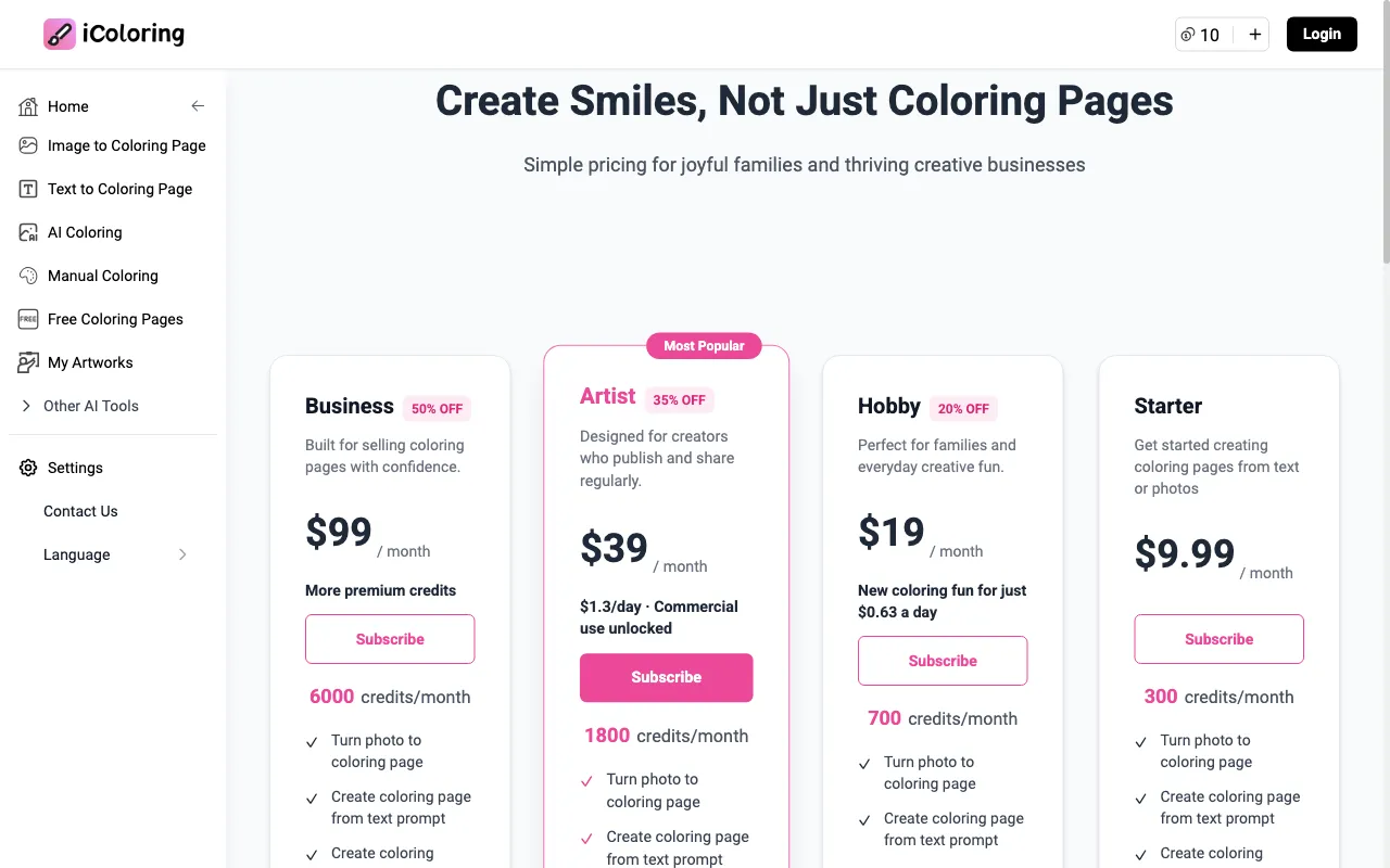 iColoring AI — pricing page