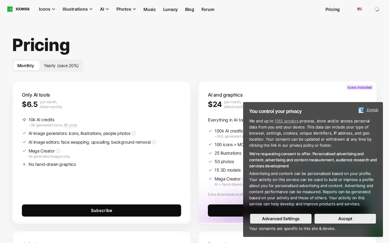Icons8 — pricing page
