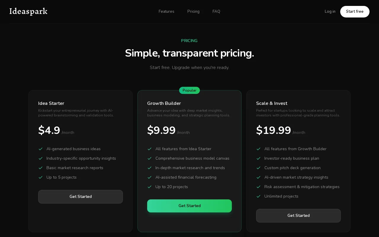 IdeaSpark — pricing page