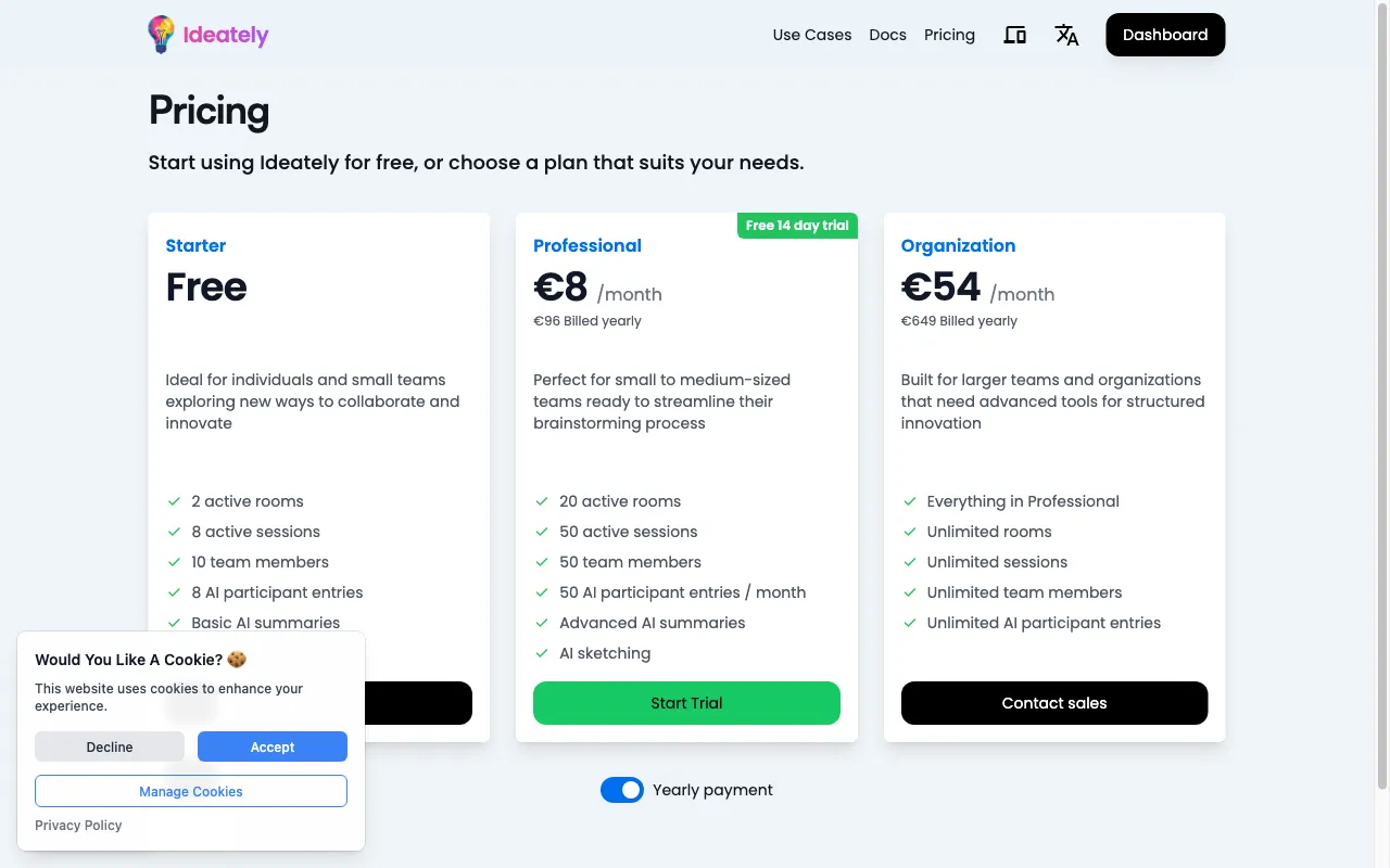 Ideately — pricing page