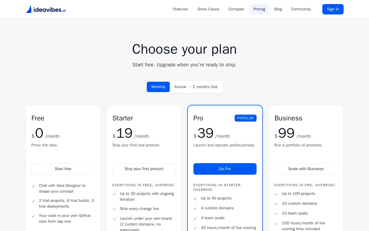 Ideavibes AI — pricing page