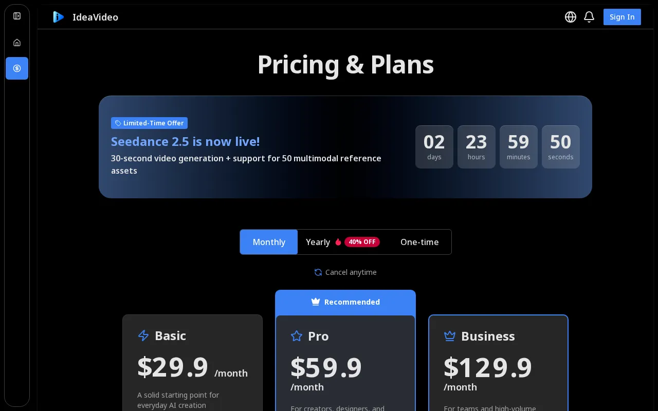 IdeaVideo AI Video Generator — pricing page