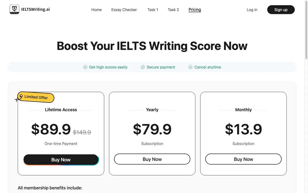 IELTSWriting.ai — pricing page