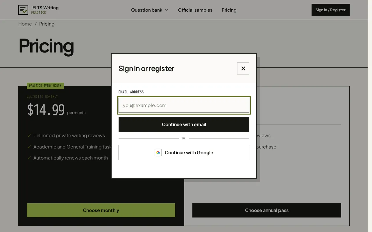 IELTS Writing Practice — pricing page