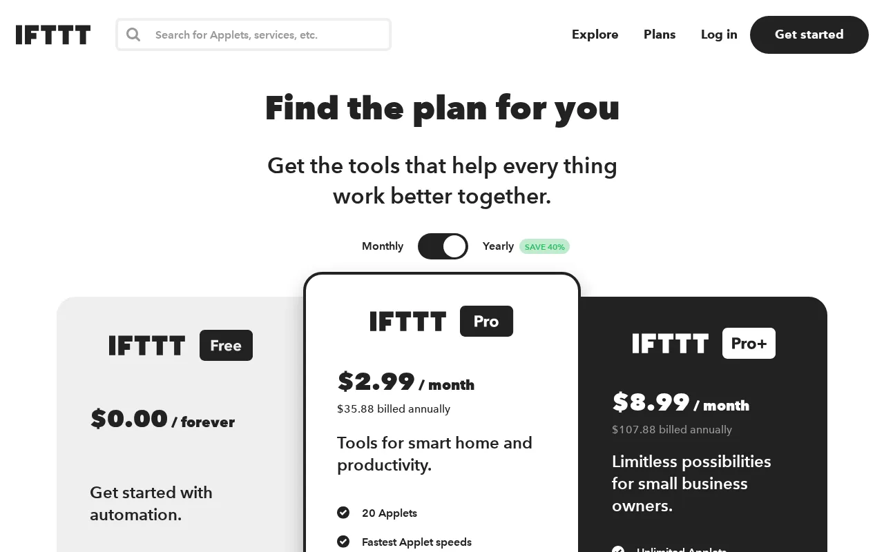 IFTTT — pricing page