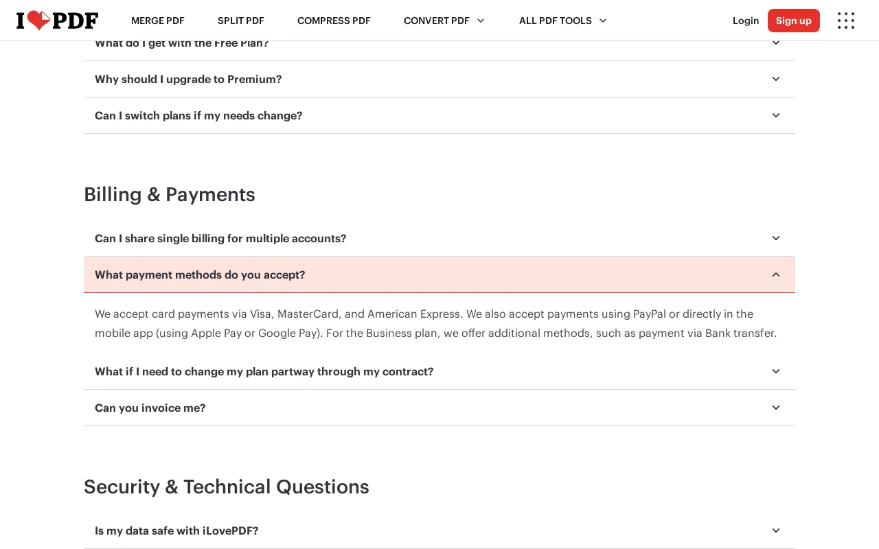 iLovePDF — pricing page
