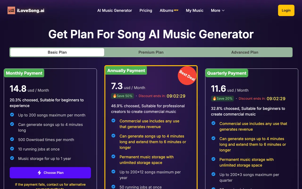 ilovesong.ai — pricing page