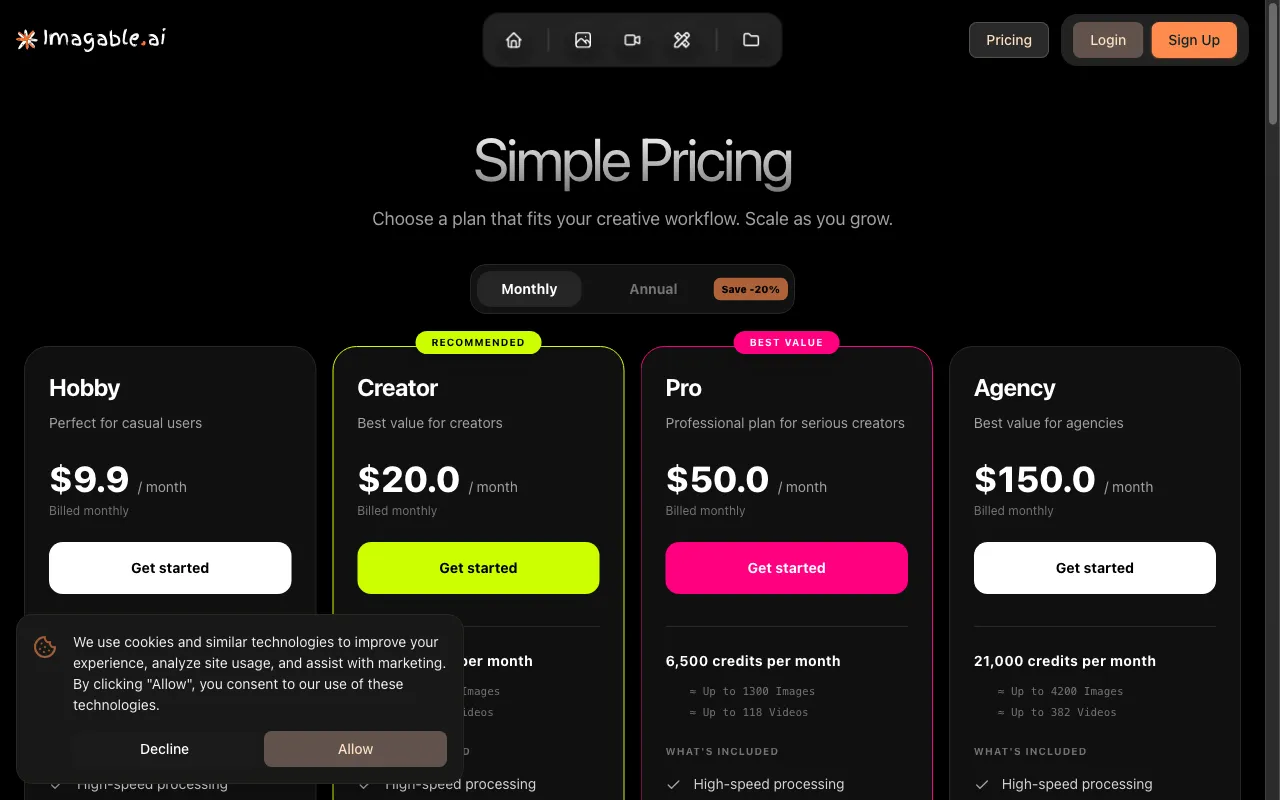 Imagable AI Image Editor — pricing page