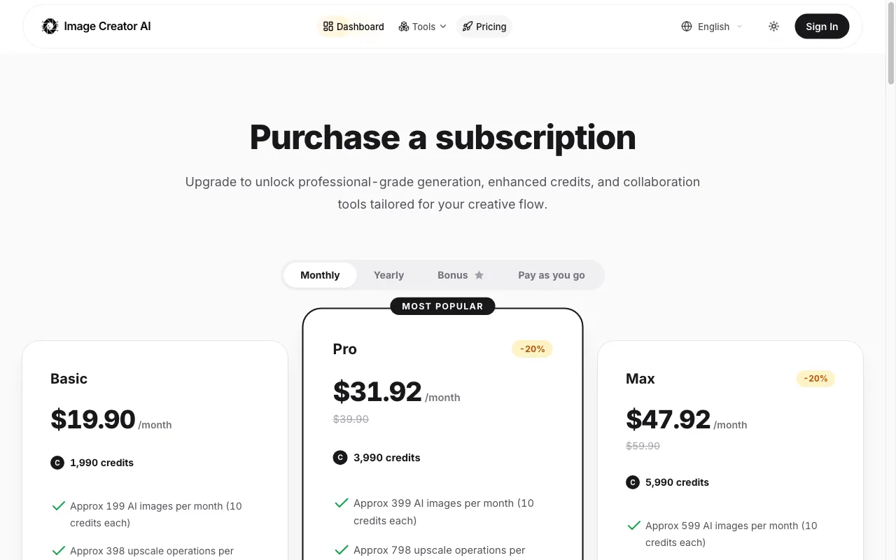 Image Creator AI — pricing page